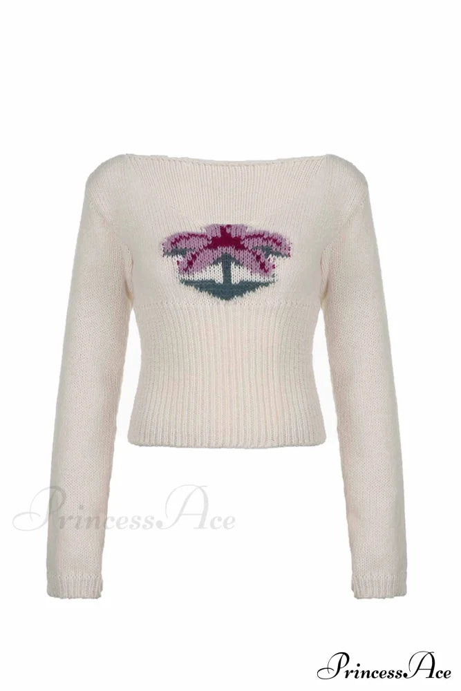 Neck Knitted U Flowered Sweater