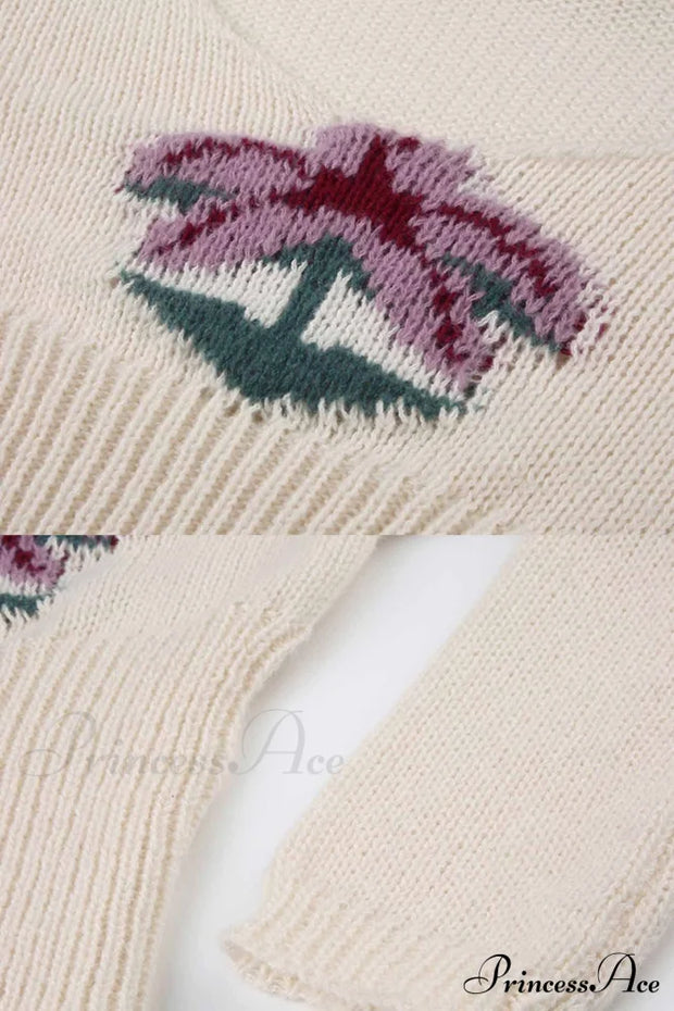 Neck Knitted U Flowered Sweater