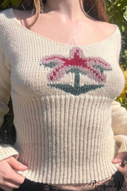 Neck Knitted U Flowered Sweater