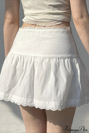 White Lace Trim Tiered Mini Skirt